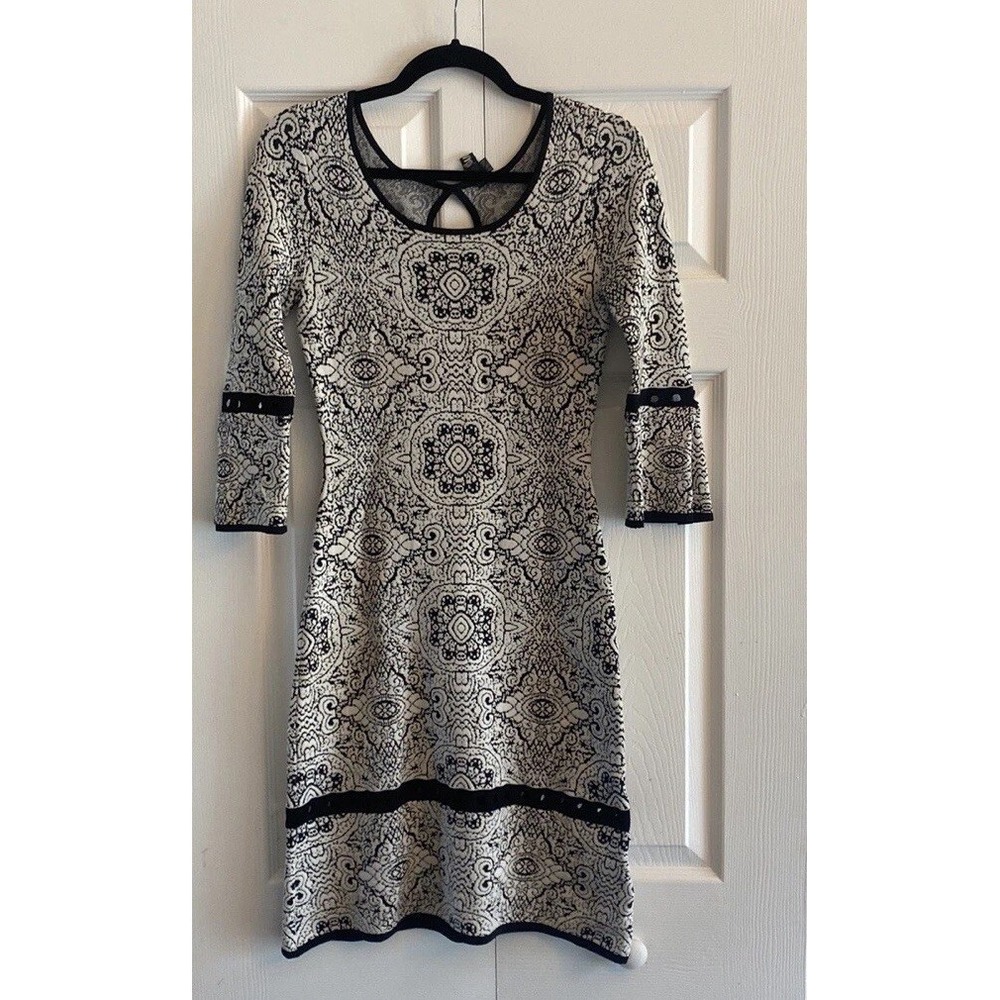 Yoana Baraschi Knit Sheath Dress Womens Size Small Black White Damask Cocktail
